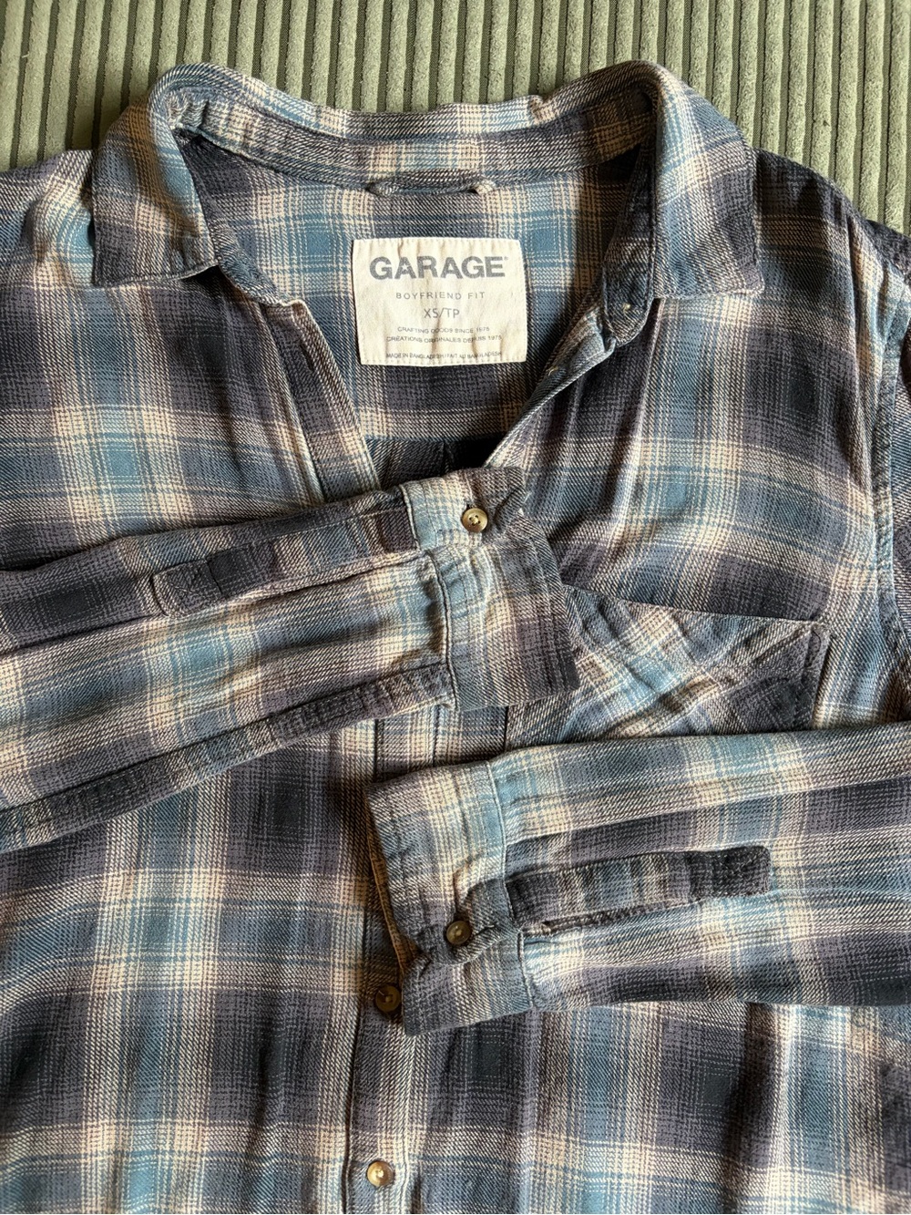 Garage Women’s Blue and Gray Plaid Button-Down Shirt | Boyfriend Style